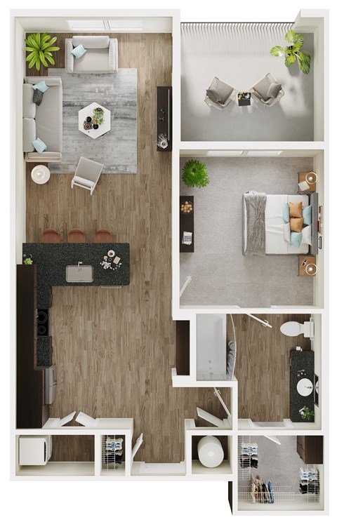 Floor plan for 1 bed, 1 bath, 757 sqft